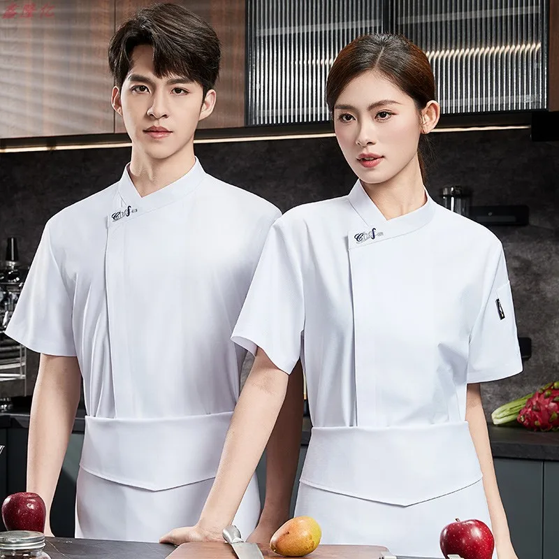 Veste de Chef d'été en maille fine et respirante, col asymétrique, manches courtes, hôtel Restaurant Steakhouse, uniforme de travail de Chef de pâtisserie