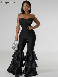 Beyprern Elegant Tiered Ruffle Strapless Jumpsuit For Women Off Shoulder Black Flared Leg  Bandage Jumpsuits Clubwear Overalls