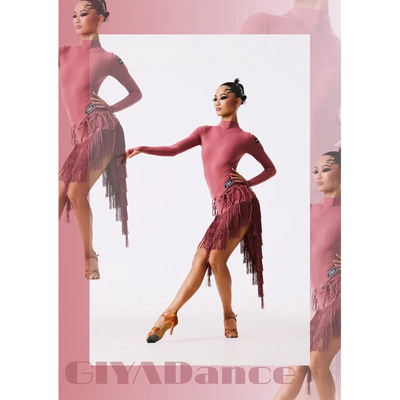Nieuwe Latin Danskleding Lange Mouwen Tops Kwasten Rok 4 Kleuren Oefenjurk Cha Cha Rumba Samba Dansjurk Competitiekleding