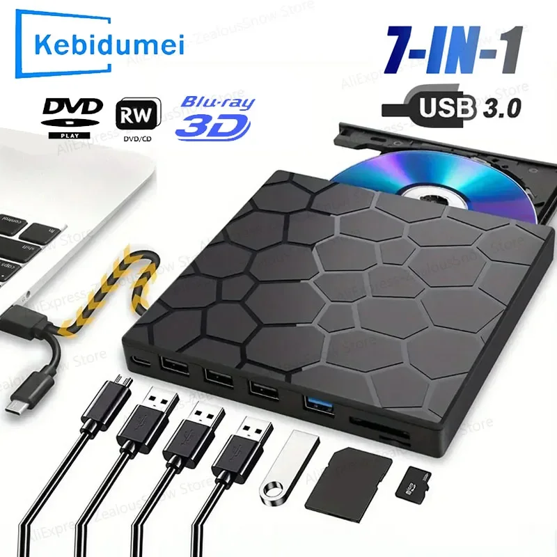 

KEBIDUMEI Portable DVD Player 7 in 1 External CD/DVD RW Drive USB 3.0 Type C CD Burner External Disk Drive for Desktop Laptop