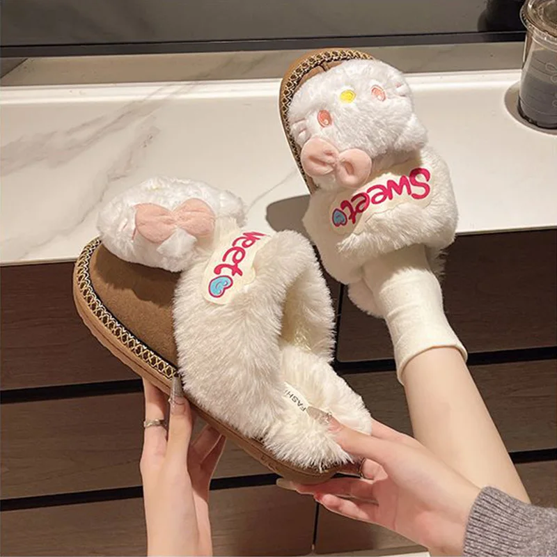 Kawaii مرحبا كيتي الكرتون النعال الفتيات الشتاء الصوف بطانة دافئة تنوعا عارضة في الهواء الطلق أفخم نعال من القطن لطيف هدية
