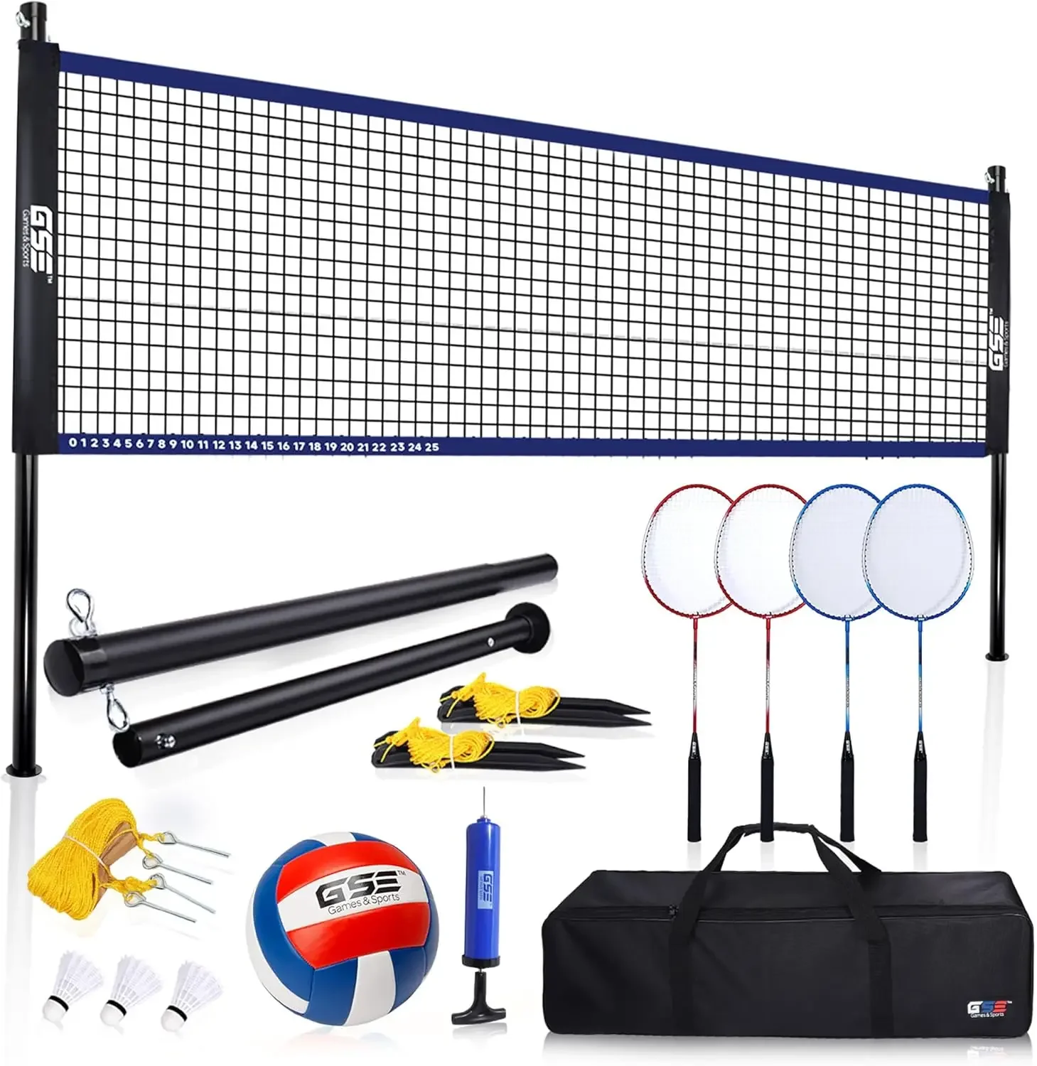 Sports Expert Portable Volleyball & Badminton Combo Set with Net, 4 Badminton Rackets & 3 Birdies, Volleyball & Pump