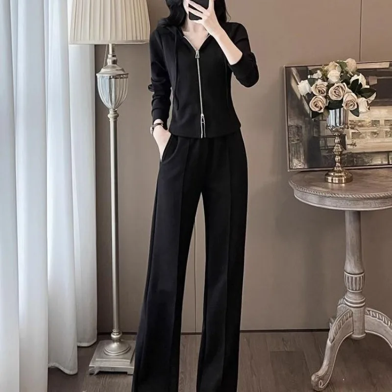 Leisure Sports Suit Women's 2025 Spring and Autumn New Fashion Hooded Cardigan Sweater and Wide-footed pants 2 Two piece Sets
