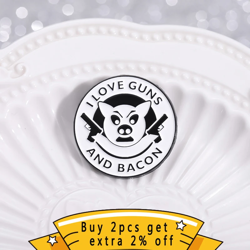 I Love Guns And Bacon Enamel Pins Dazzling Cool Killer Pig Brooches Lapel Badges Custom Animal Jewelry Gift For Kids Friends ﻿