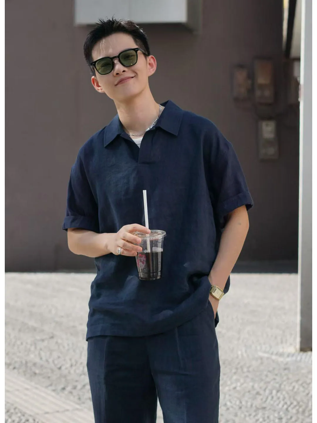 

Светло-голубая летняя мужская льняная футболка с воротником-поло из американского хлопка и льна, дышащая, свободного кроя, молодежная