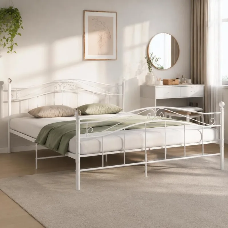 Cadre de lit double en métal thermolaqué 140 x 200 cm avec sommier à lattes solides, structure robuste et durable pour chambre principale, studio, appartement, montage nécessitant des outils.