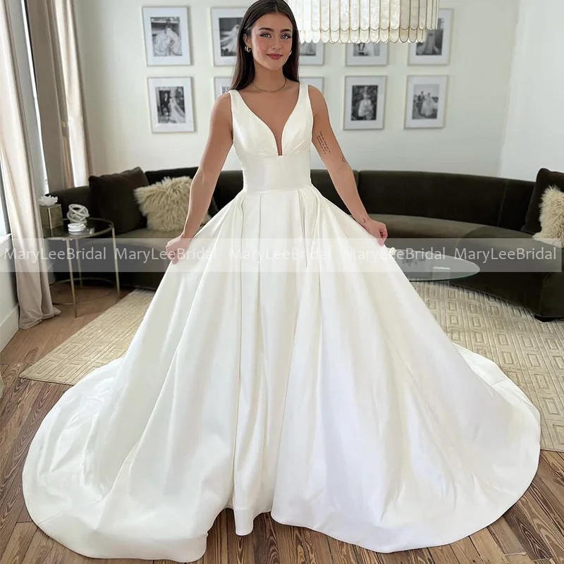 Plunging V-neck Satin Wedding Dress for Women 2024 Princess A-line Plus Size Formal Bridal Gown Vestido de novia Made to Measure