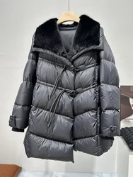 Casacos de ganso para mulheres, gola de pele de vison real natural, casaco grosso, outwear feminino, puffer jaquetas, inverno quente