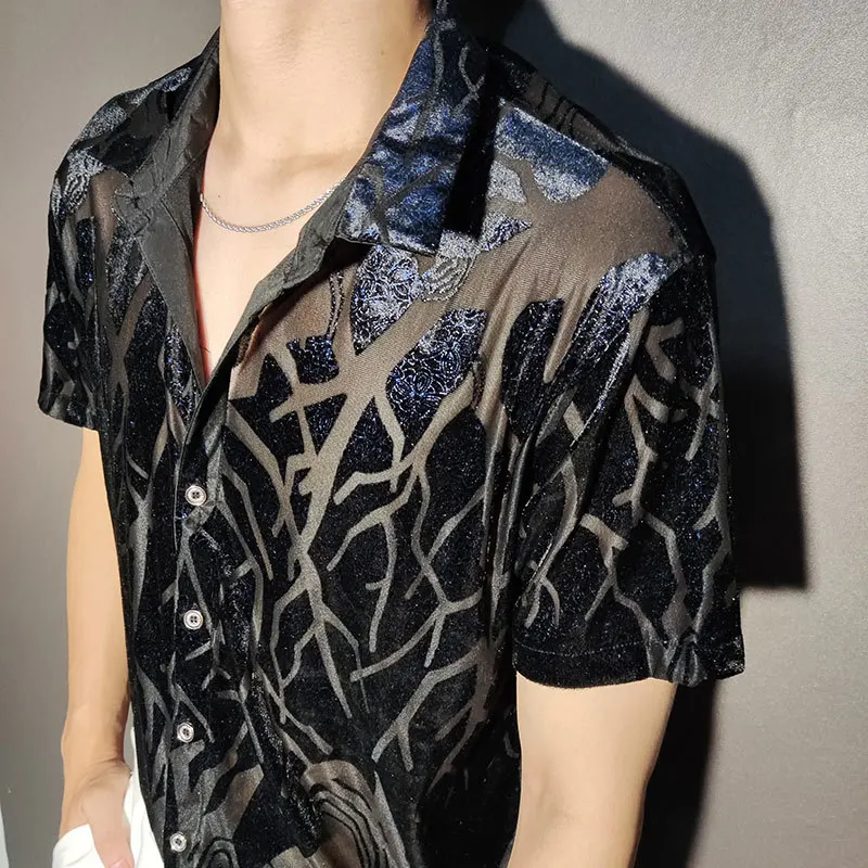 Men  Sexy Abstract Art Shirt Fashion Transparent Black Gold Shirt Casual Nightclub Shirt Top See Through Stylish Shirts For Men