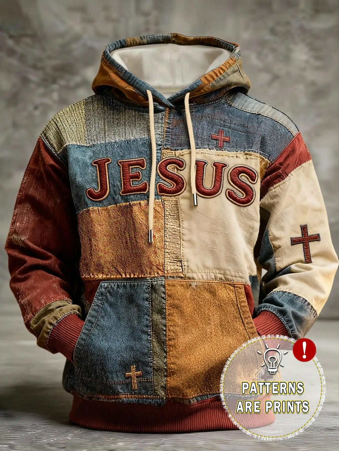 

Мужская толстовка с капюшоном в стиле ретро с принтом в стиле пэчворк и мотивом креста, повседневная толстовка с длинными рукавами для повседневной носки