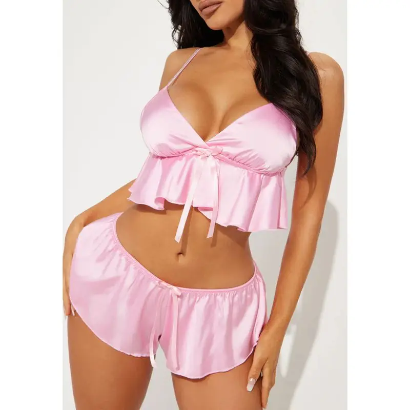 

HEZIOWYUN женский летний шелковый пижамный комплект из 2 предметов, стильный однотонный укороченный топ с бантом и широкими мини-шортами, одежда для дома