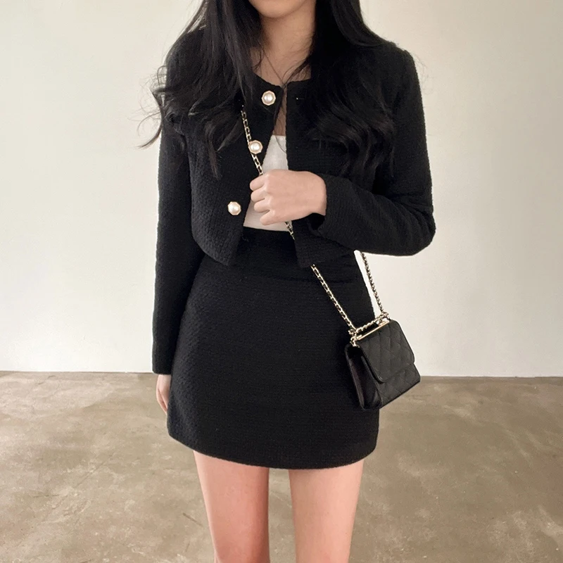 EVNISI 2 Two Piece Women Tweed Long Sleeve Pearl Buttons Sets Short Jacket and A-line Mini Skirt Set Women Outfits Fall Winter