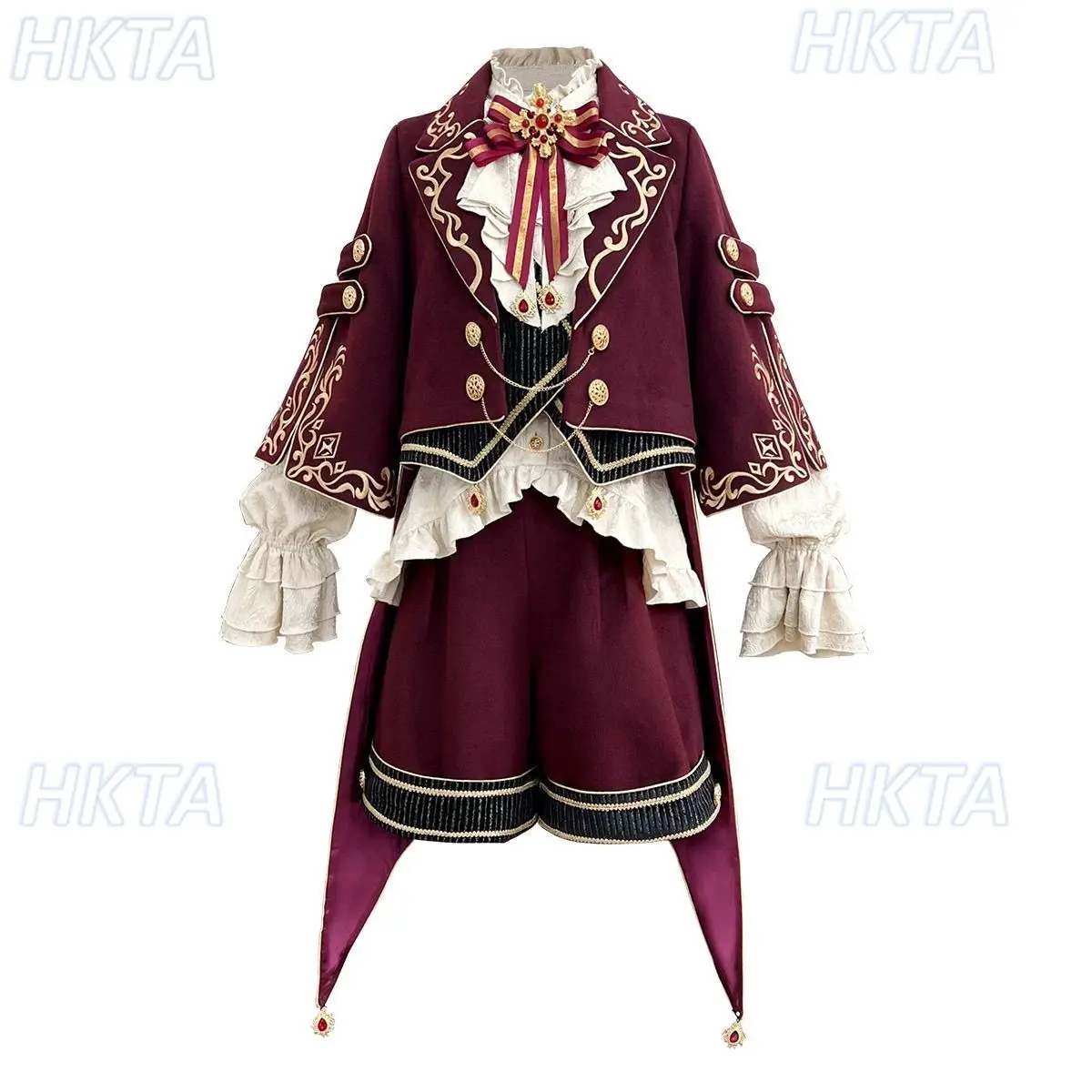 Traje de cosplay gótico Y2K europeo vintage Lolita con lazo, cuello alto, manga de pétalo, camisa blanca plisada, chaqueta corta roja y pantalones cortos para mujer