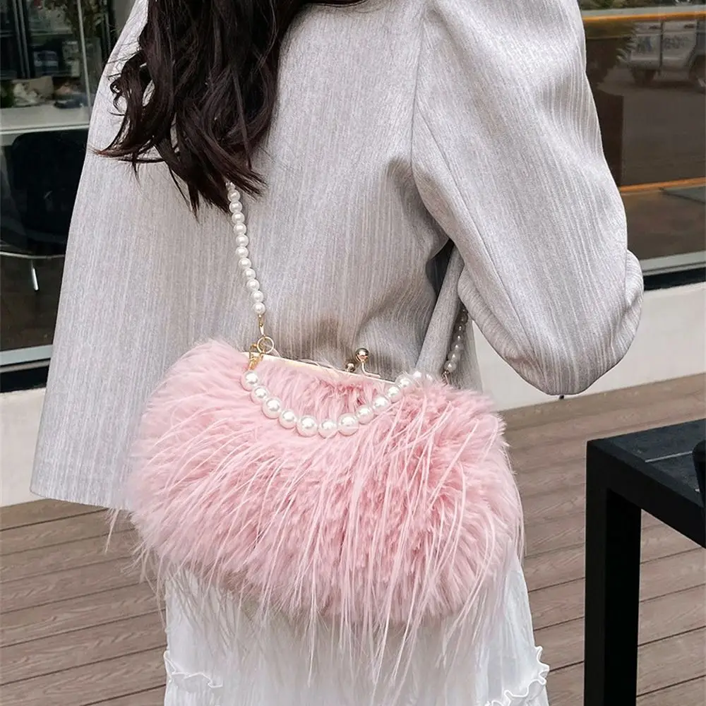 Pearl Chain Faux Fur Handbag Trendy Long Tassel Plush Shoulder Bag Fashion Female Furry Large Capacity Tote Handbag