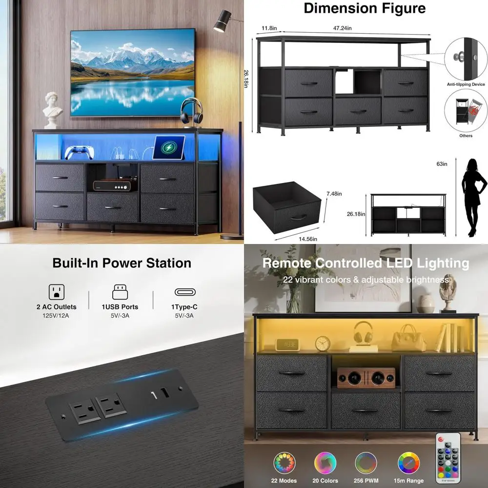 Black 55-Inch TV Stand with 5 Drawers, LED Lights, and Power Outlets for Bedroom Entertainment