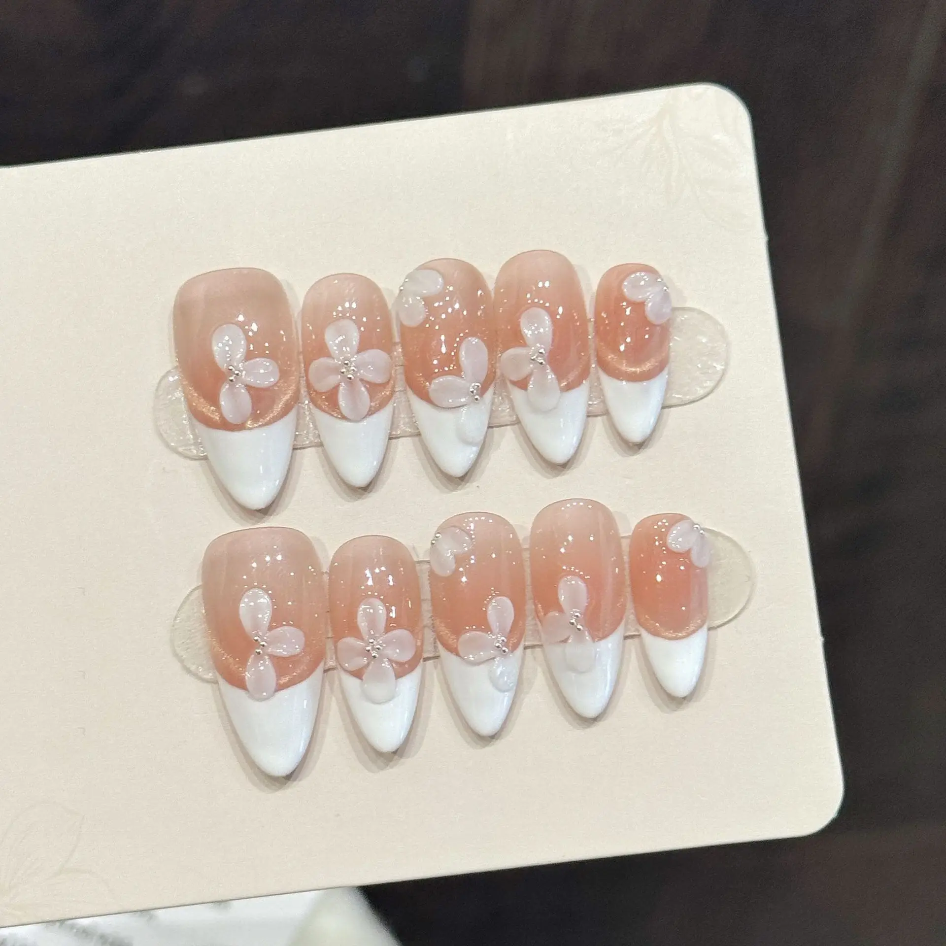 10pcs Korean Style Almond Handmade False Nails Pure White 3D Carving Flower Press On Nails Gentle French Tips Wearable Fake Nail