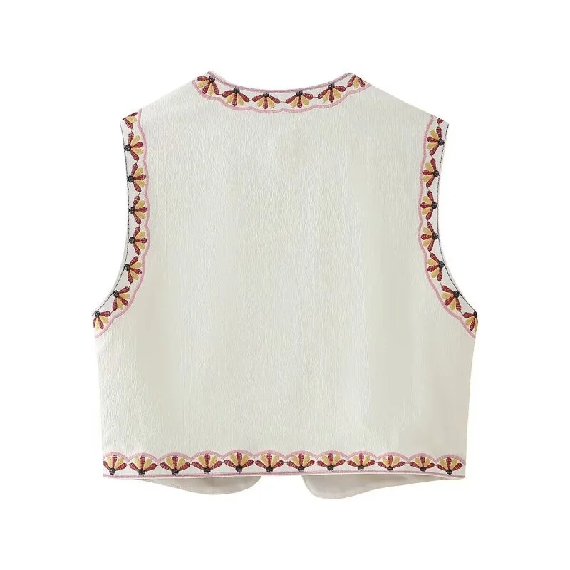 Women's Spring Floral Embroidery Ethnic Open Front Vest, Boho Style for Layering, Perfect for Daily Wear and Gatherings