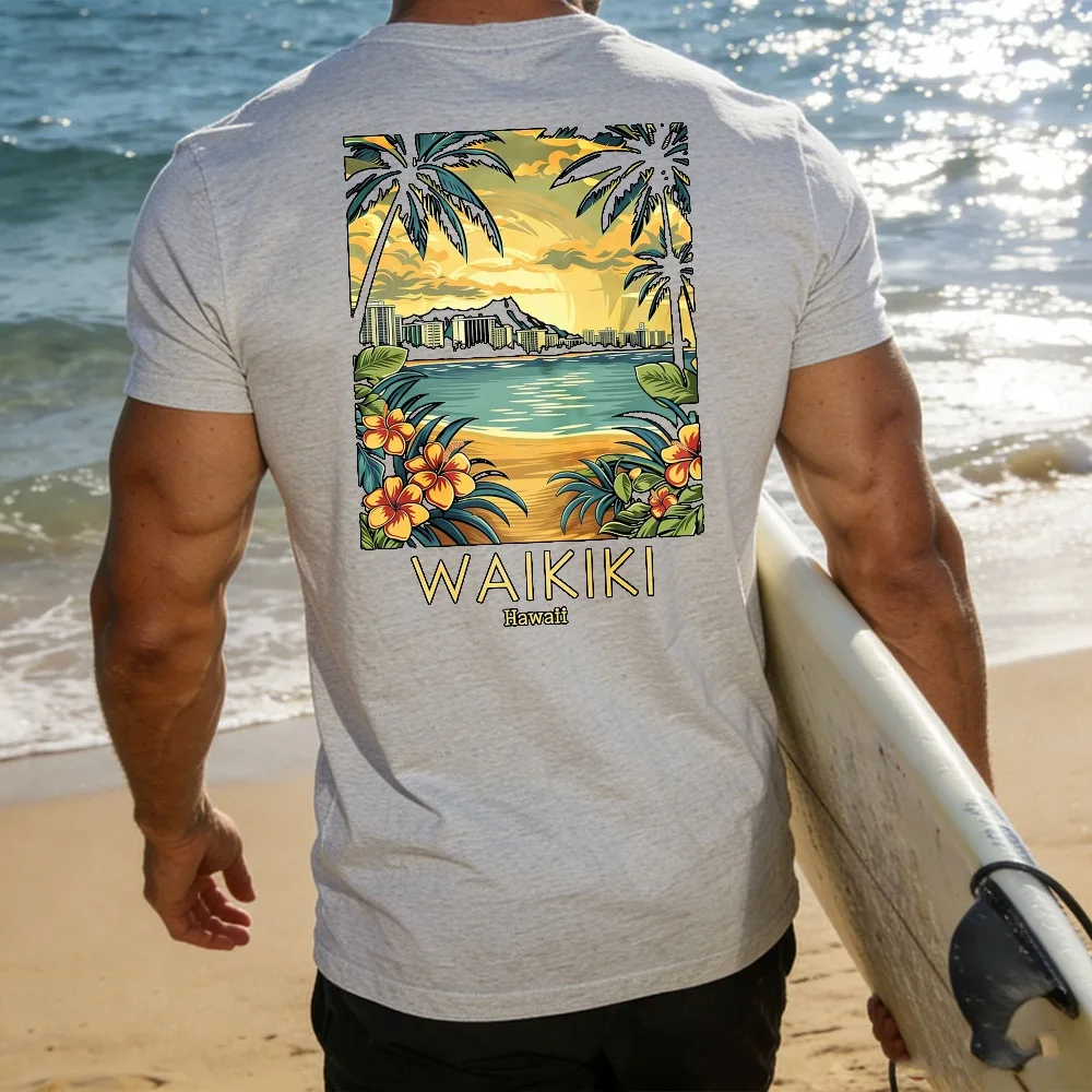 Vintage Waikiki Tropisches Strand-Grafik-T-Shirt mit Diamantkopf, Palme und Blumenmuster, Kurzarm, Rundhalsausschnitt, Lässig für Sommerurlaub
