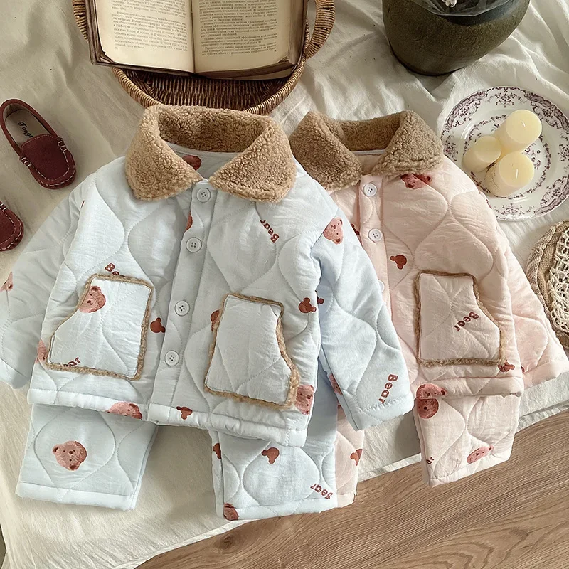 

New Kids Winter Pajamas Set Baby Bear Print Cotton Padded Homewear 2PCS Outfit Shearling Collar Warm Sleepwear