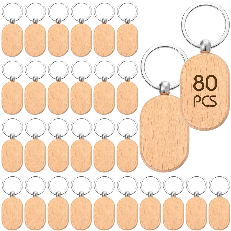 80Pcs Wooden Keychain Blanks Wood Keychains DIY Crafts Wood Keyring for DIY Key Chains Christmas Pendants Wall Hangings