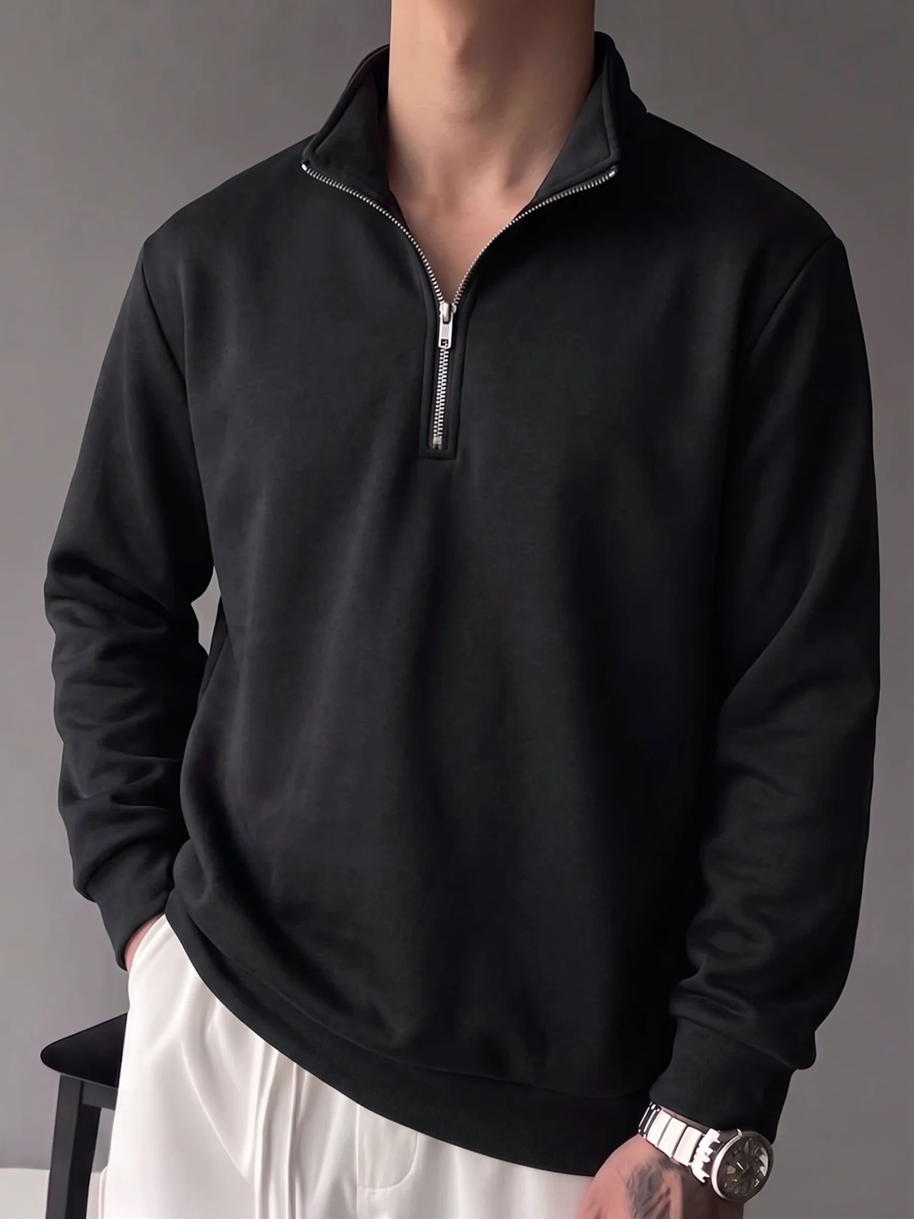 Sudadera negra con media cremallera y cuello alto para otoño e invierno, top informal de manga larga para hombre, estilo casual.
