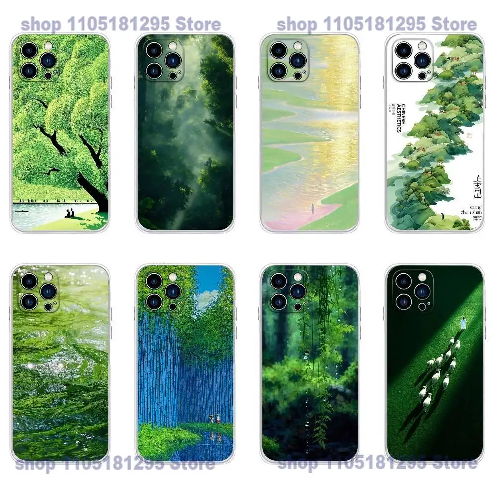 Green Green Tree Phone Case For iPhone 17,16,15,14,13,12,11 X,Plus,Pro,Max,XR,Plus,E,Mini Transparent Soft Cover