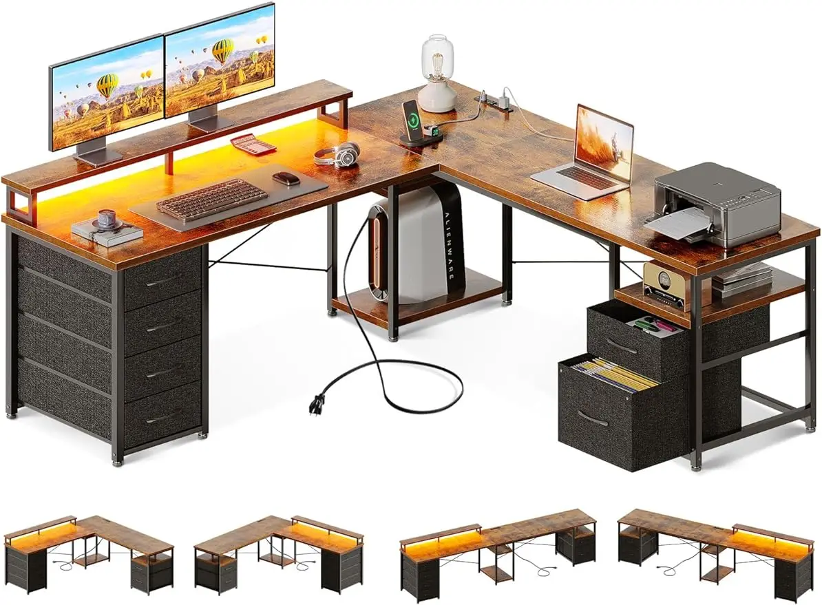 66" L Shaped Computer Desk, Reversible Home Office Desk With File Cabinet & 4 Drawers, Corner Gaming Desk With LED Lights &