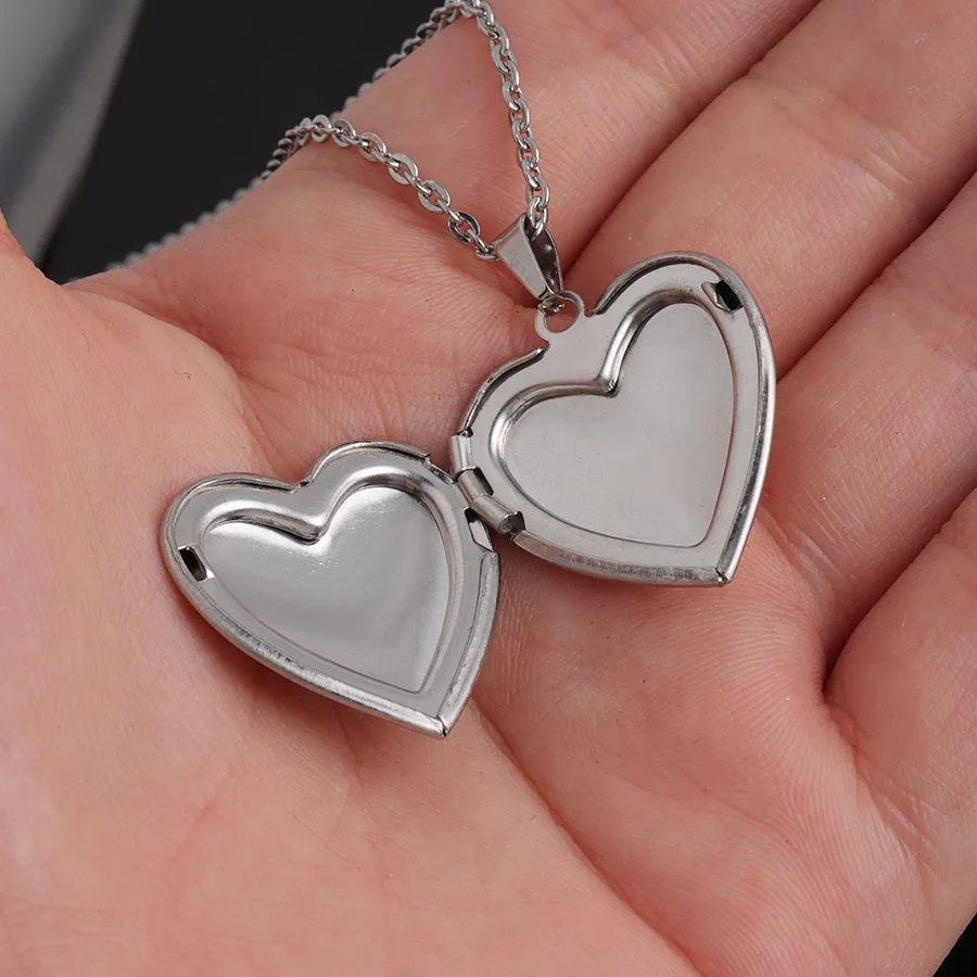 Mirror Polished Stainless Steel Love Heart Photo Frame Memory Locket Pendant Necklace Family Love Collar