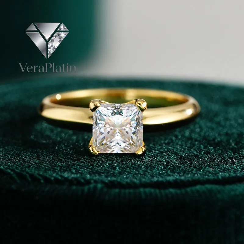 

VeraPlatin Women Engagement 18K Gold Wedding Band Square 1CT Moissanite Diamond Girl Birthday Gift Office Lady Valentine's Day F