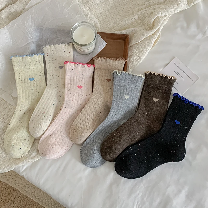Women Socks Korean Style New Sweet Heart Design Cute Socks For Girls Breathable Cotton Frilly Ruffle Socks Soft Sweat Absorption
