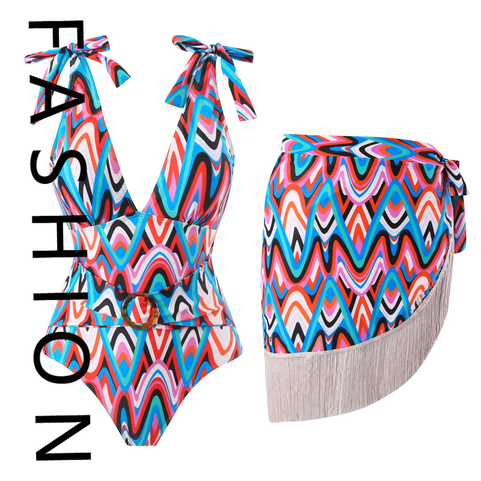 

2025 new sexy bikini one-piece swimsuit mesh skirt wrap skirt V-neck fashion swimsuit beach gathering conservative belly cover