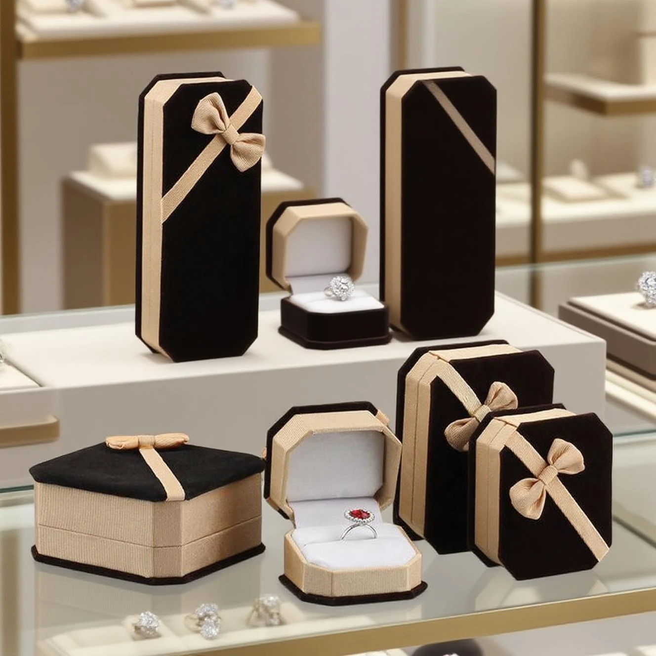 

Velvet Display Jewelry Gift Box Jewelry Packing Case For Rings Bracelets Necklaces Sets Exquisite Bow Octagon Jewelry Box