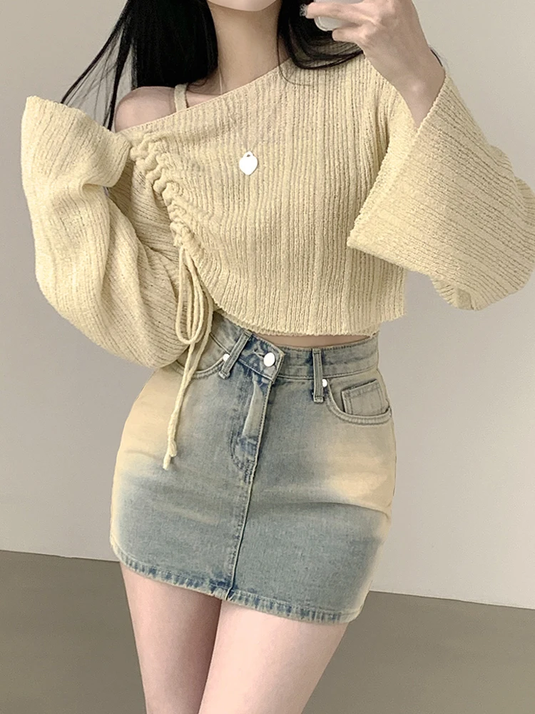 Chic Summer New Long Sleeve Knitted Women's Thin  Knot Sun Protection Coat Short One-Shoulder Top Drawstring Korean ...