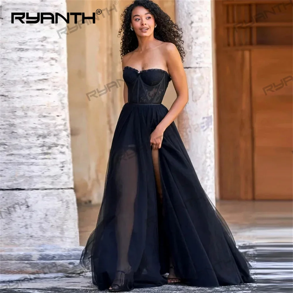 Ryanth Black Lace Elegant Sexy Wedding Party Dress Sweetheart Celebrity Dresses Side Split Special Occasion Dresses robes du soi