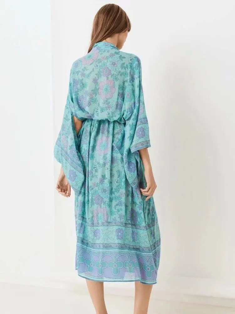 Bohemian Printed Self Belted Loose Summer Beach Tunic Plus Size Long Kimono 2022 Women Street Wear Casual Maxi Dress A165