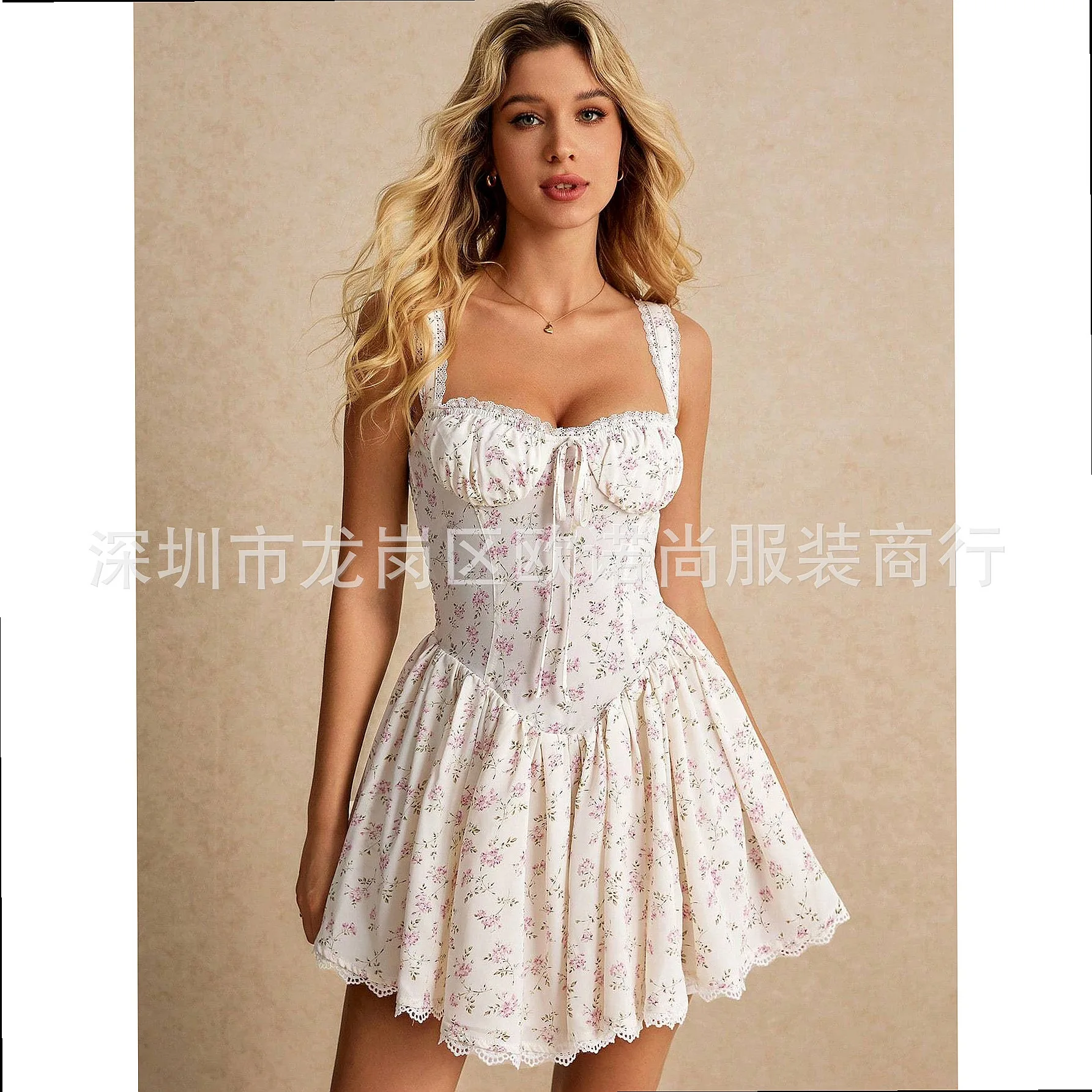 New Summer Pink Printed Lace Contrast Short Vest Dress, Mini Bubble Dress Heavy Elegant Party Evening Dress