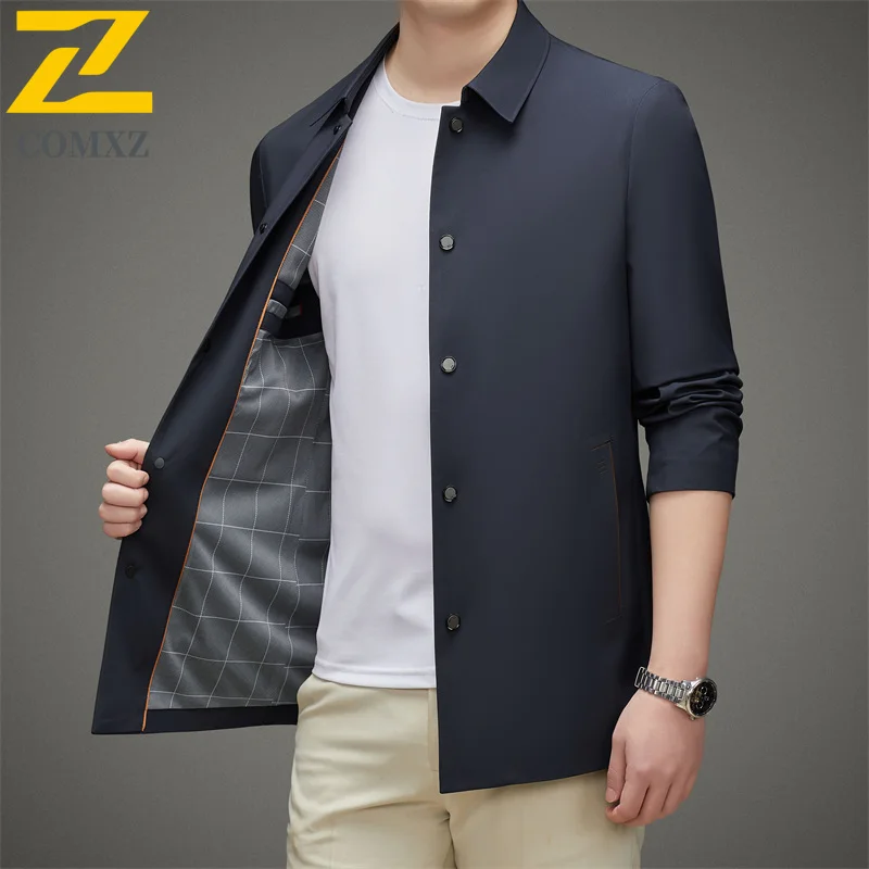 

COMXZ Men Mid Length Jacket Spring Autumn Business Casual Notch Lapel Light Luxury Coat Office Travel Golf Outerwear Windbreaker