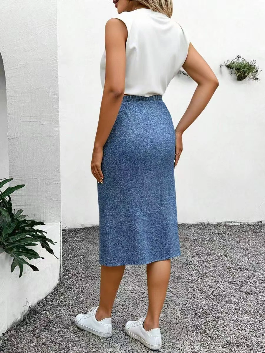 Women's Elegant Heart-Shaped T-Shirt + Fashionable Faux Denim Skirt Set