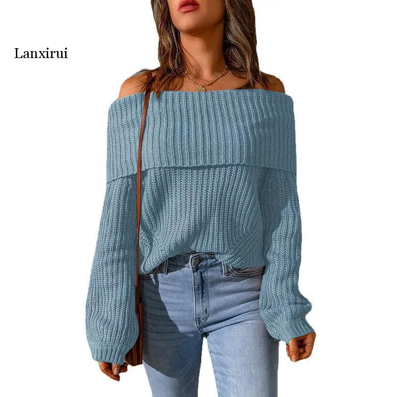 

New Autumn Winter Slim Long Sleeve Sweater Women Party Wear Elegant Off the Shoulder Slash Neck Knitted Pullovers