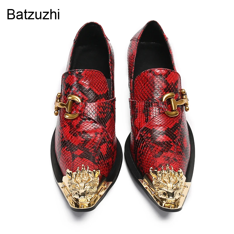 

Batzuzhi Fashion Italian Type Men's Shoes Pointed Iron Toe Red Genuine Dress Shoes Man Red Party and Wedding Shoes Male Slip on!