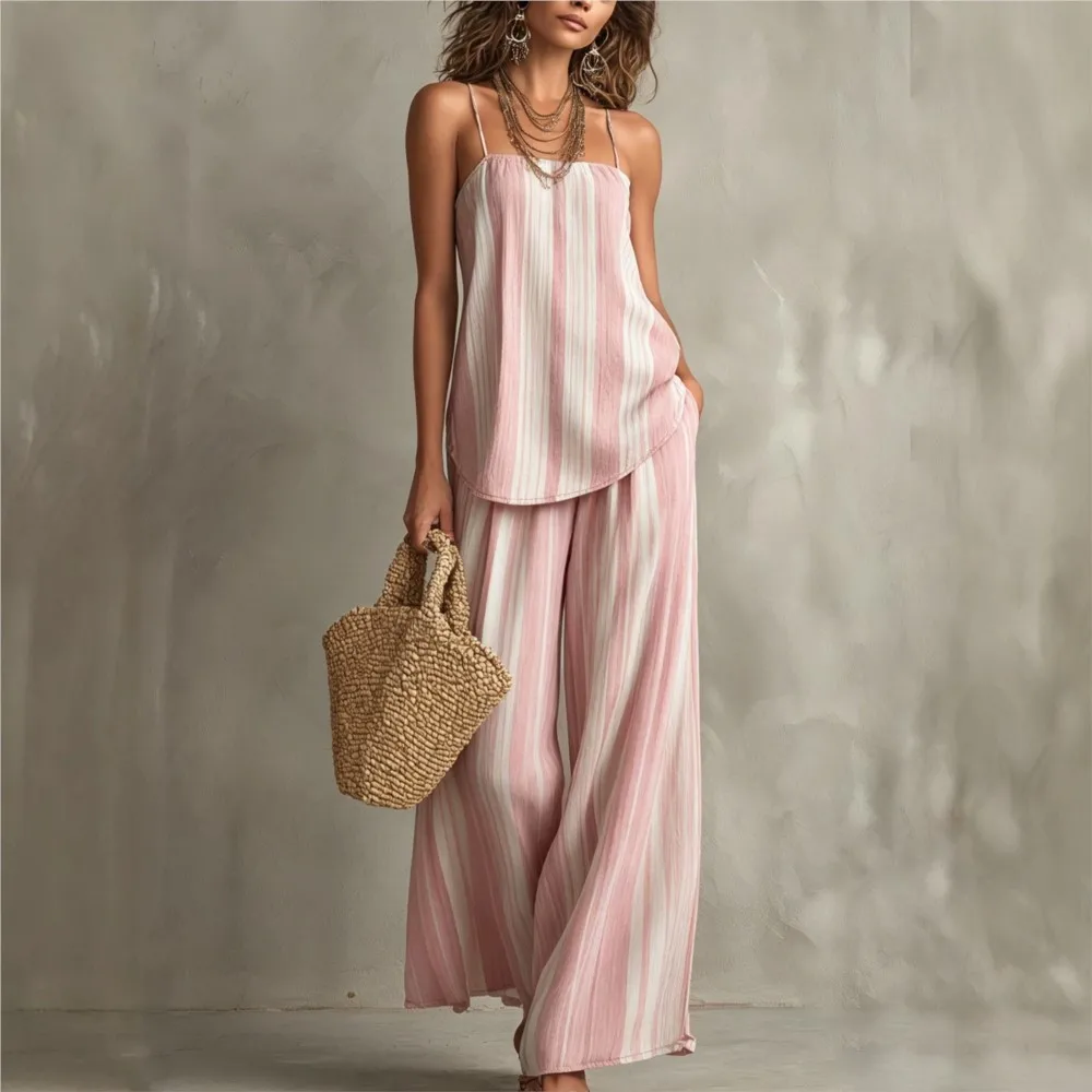 Fashion Striped Texture Suspender Wide-leg Pants Women's 2 Piece Summer New Casual Vacation Style Sexy Vest Trouser Suit Female
