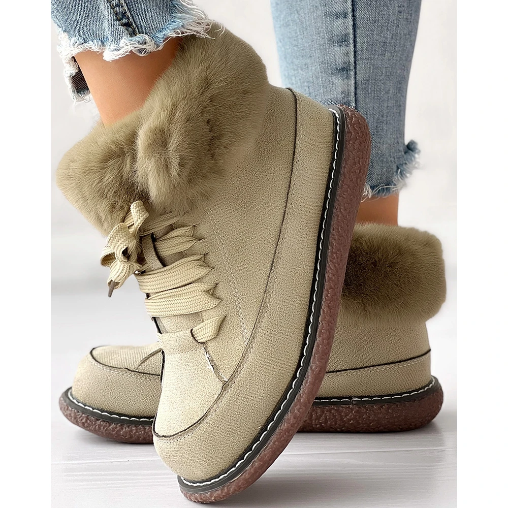 

Fashion Women Autumn Fuzzy Detail Lined Lace-up Snow Boots Femme Round Toe Ankle Boots Korean