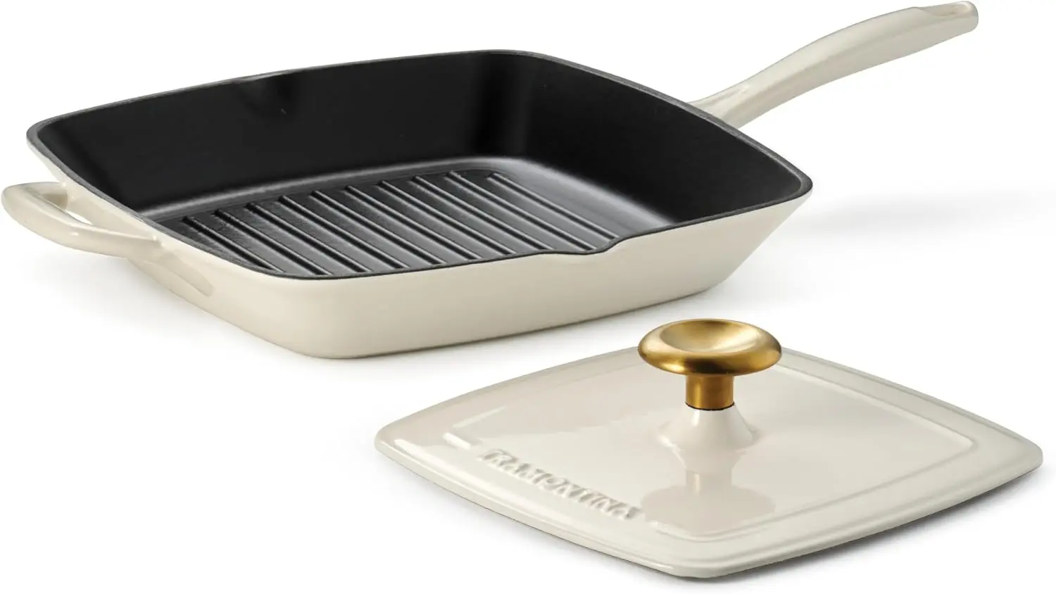 11-Inch Enameled Cast Iron Grill Pan with Grill Press, Latte