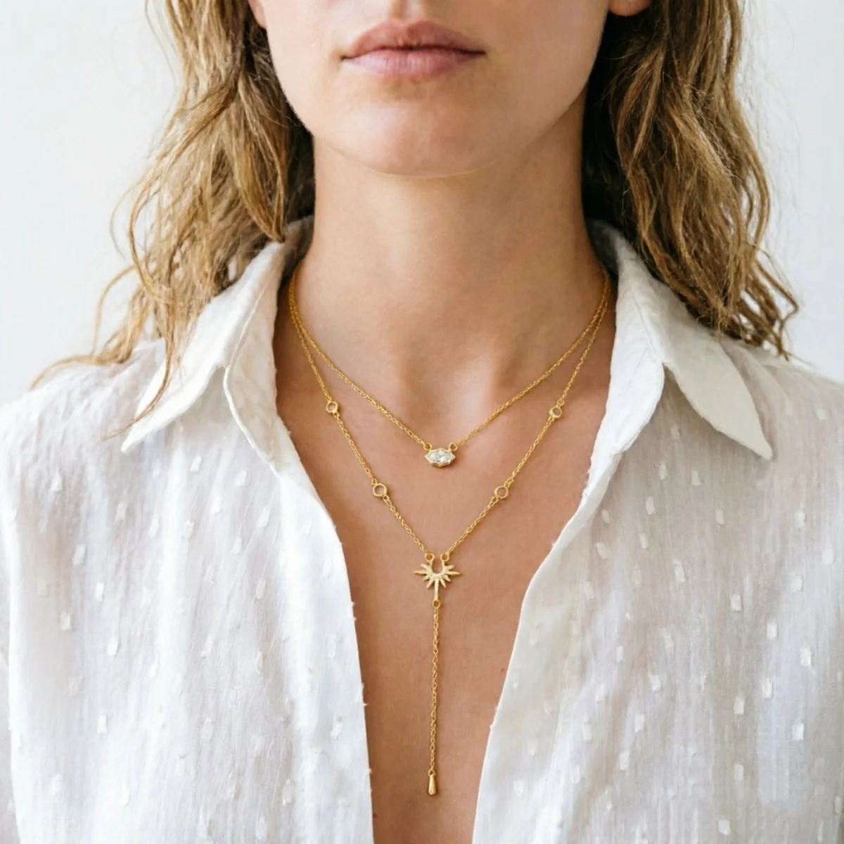 Doppelschichtige Strass-Geometrische Sonnenanhänger-Halskette in Y-Form für Frauen, Eleganter Rhombischer Sonnenblumen-Choker, Partyschmuck – Detail 17