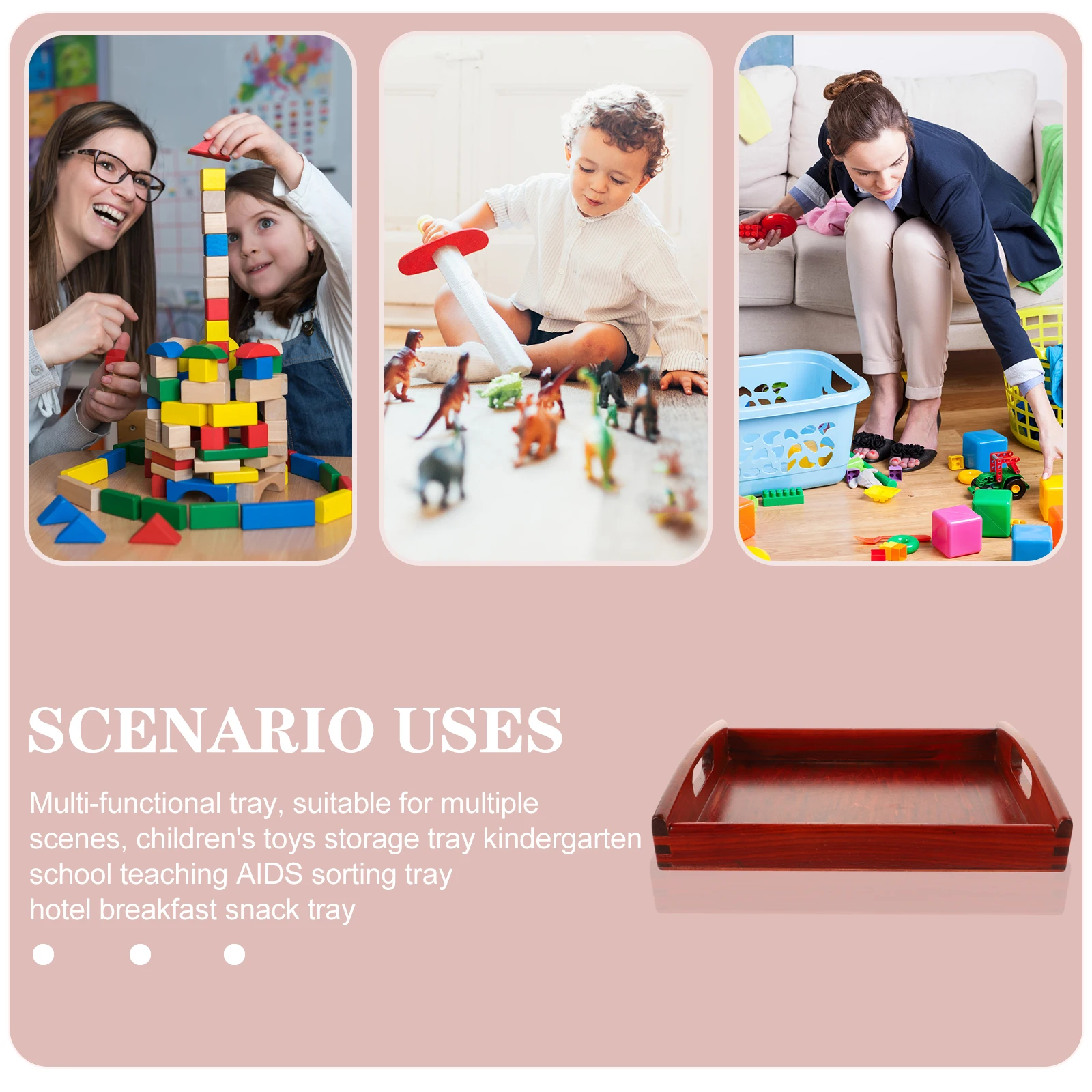 

1pc Red Tray Natural Wooden Trays Polished Kids Toys Handles Ergonomic Rounded Safe Classroom Art Home Montessori