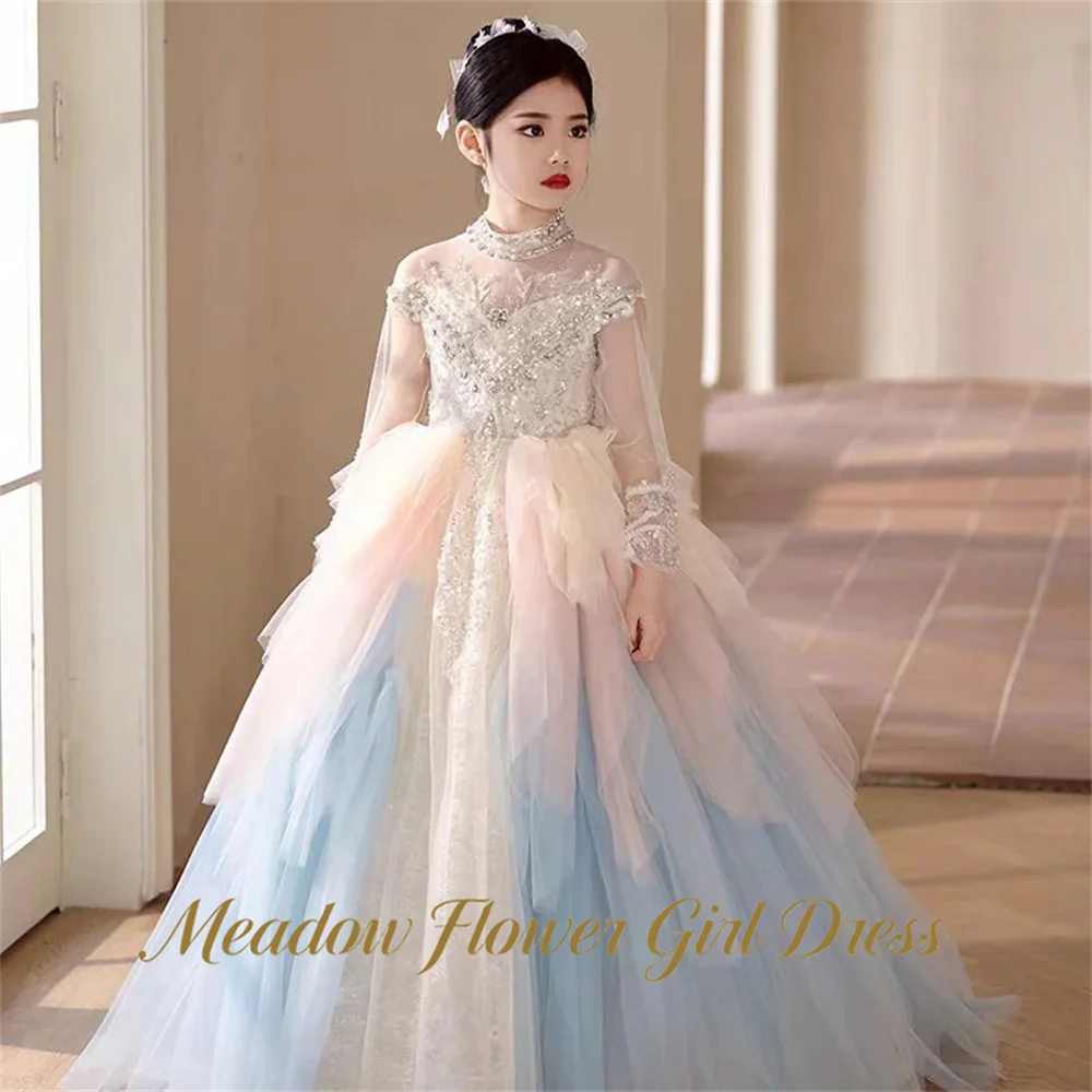 Meadow Pastel Ombre Princess Girls Gown High Collar Floor Length Kids Birthday Party Gown Beading On Chest Pageant Gown for Girl