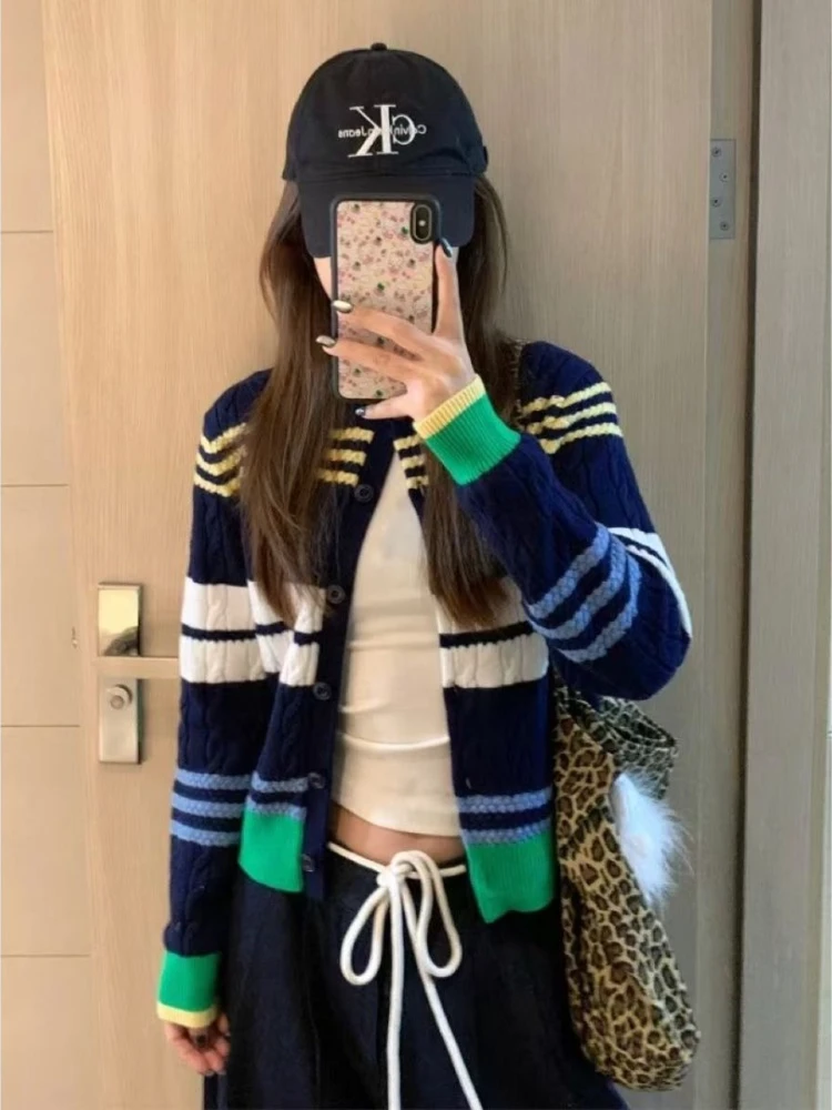

Preppy Style Korean Stripe Cardigans Women's 2025 Spring Autumn Single Breasted O-neck Knitted Sweater Streetwear Retro Y2k Tops