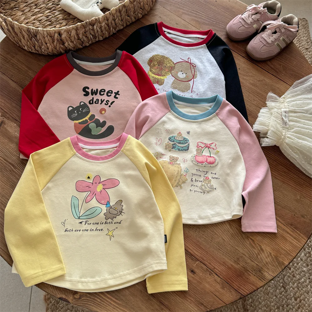 

Футболка с длинными рукавами для детей, топ с принтом животных и кошек для девочек, осенне-весенняя детская одежда, модные лоскутные наряды, футболки