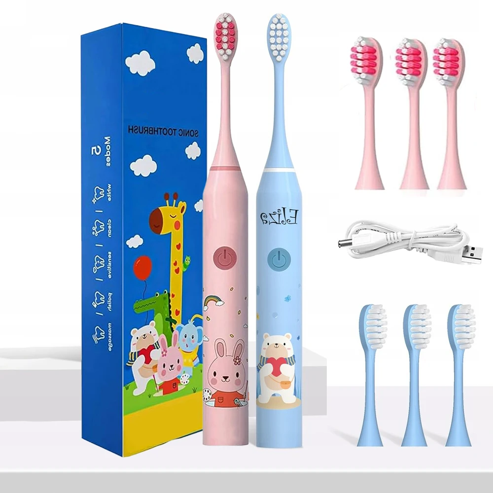 Kit de Escova Elétrica para Crianças com 4 Cabeças Recarregáveis, Cerdas Ultra Macias, Design Seguro para Idades de 3 a 12 Anos