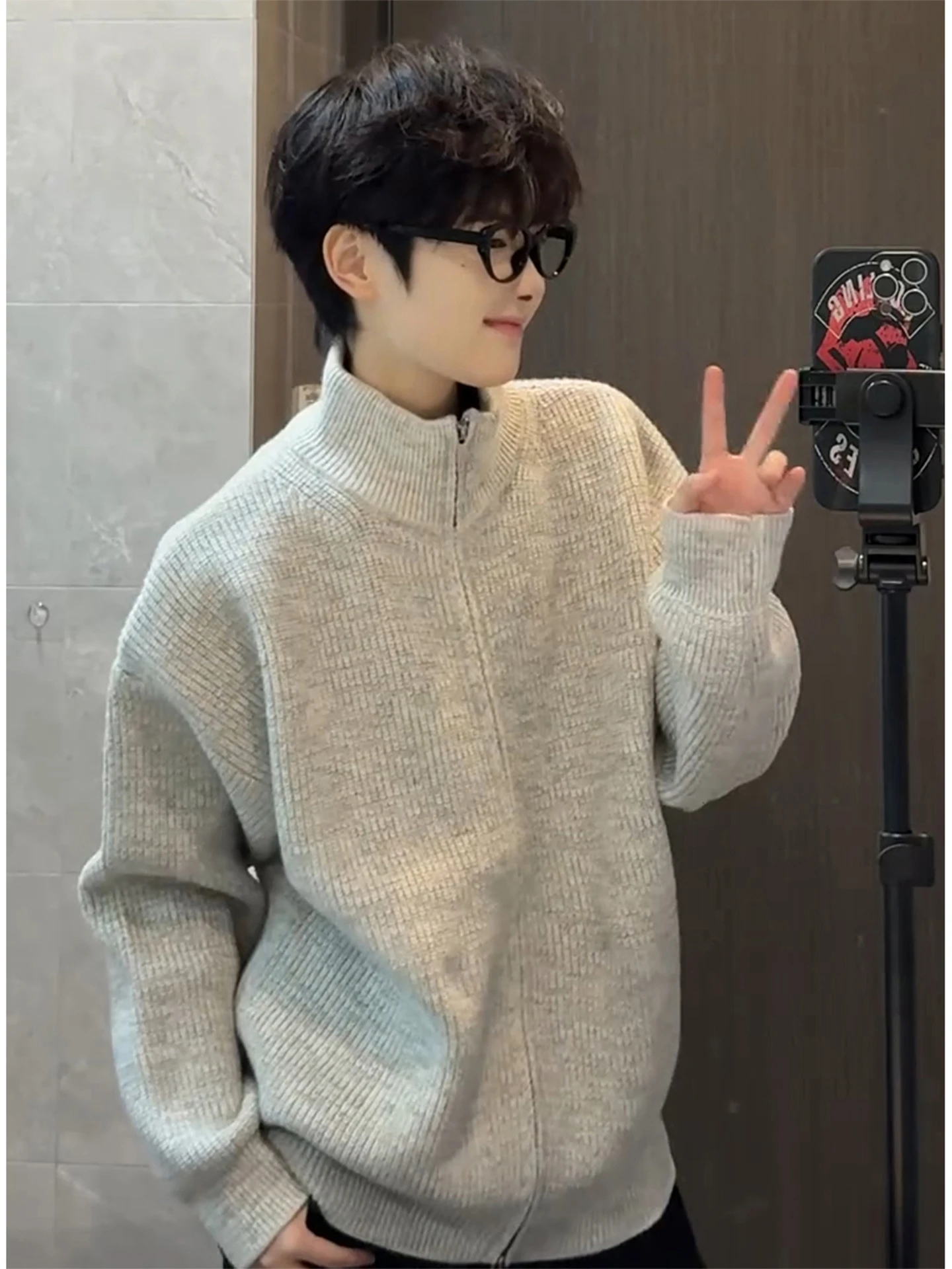 

ay White Stand Collar Open Cardigan Knitted Sweater Men's Sle Lazy High-End Feeling Inner Wear Cleanfit Base irt